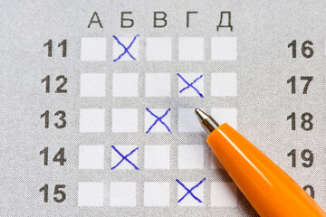 Scholastic Aptitude Test. Sheet of OMR filled with pen.