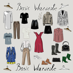 Capsule basic wardrobe for a woman. Minimalism. Fashion. Big cupboard. Wardrobe with a set of clothes on hangers and bags. Isolated vector objects.