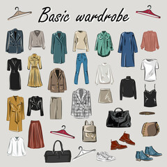 Capsule basic wardrobe for a woman. Minimalism. Fashion. Big cupboard. Wardrobe with a set of clothes on hangers and bags. Isolated vector objects.