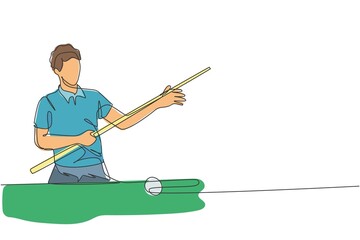One single line drawing of young handsome man playing pool billiards at billiard room vector illustration graphic. Indoor sport recreational game concept. Modern continuous line draw design