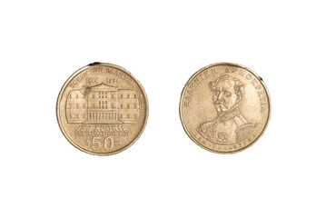 50 Drachmes Greece coin, 150e anniversaire de la Constitution de 1944. Black background