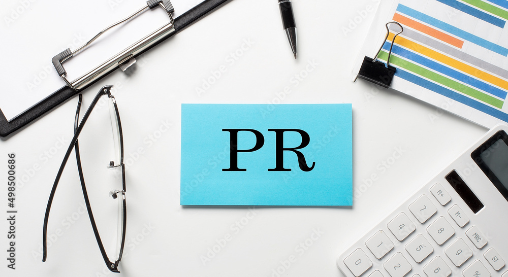 Poster stickers with chart,calculator and paper with text pr on the white background