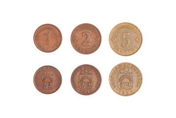 1, 2, 5 Santimu, Latvian centime coins on a black background. Symbol of Latvian currency to wealth and investment.