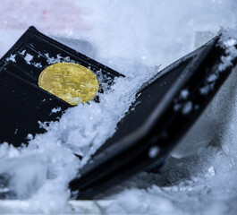  A representative crypto currency cold wallet image, which a real wallet is inside a fridge and ice cubes around and a bitcoin figurine inside the wallet