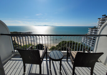 Fototapeta na wymiar chairs on balcony and sea Viewpoint