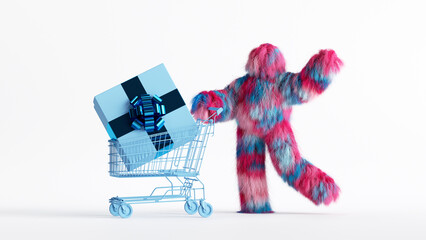 3d render, colorful hairy Yeti cartoon character stands near shopping cart with big gift box inside. Funny furry bigfoot toy. Clip art isolated on white background - obrazy, fototapety, plakaty