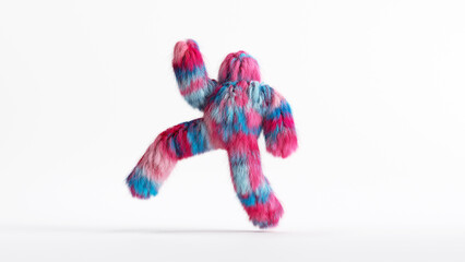 3d rendering, colorful hairy beast Yeti runs, furry monster cartoon character walking or dancing. Fluffy toy in active pose, isolated on white background. - obrazy, fototapety, plakaty