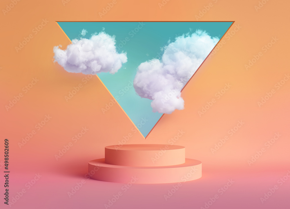 Poster 3d render, abstract peachy background with blue sky inside the triangular window above the empty pod