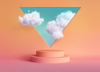 3d render, abstract peachy background with blue sky inside the triangular window above the empty podium. White clouds fly into the room through the hole. Blank showcase mockup - obrazy, fototapety, plakaty
