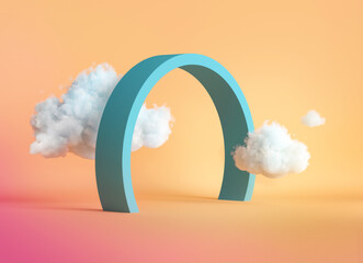 3d render, abstract peachy background with blue round arch and white clouds. Modern minimal scene