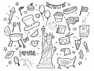 Fourth of July doodle set. National symbols of USA Independence Day, party decorations, flags and maps. Hand drawn vector illustration isolated on white background.