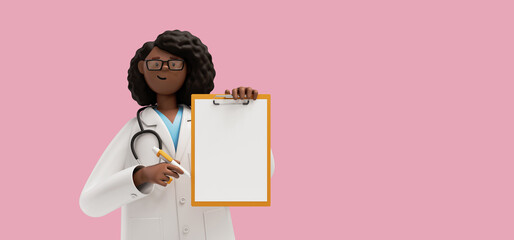 3d rendering. Black woman doctor with blank clipboard, nurse cartoon character, healthcare professional, isolated on pink background. Medical illustration