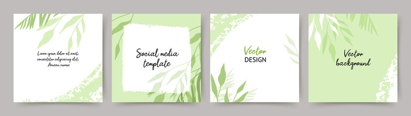Abstract spring summer green background. Social media post template with plant and leaves  elements. Vector illustration