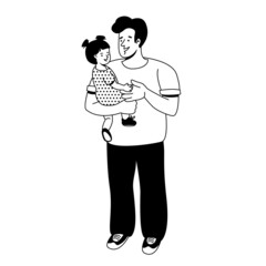 Father with  little daughter. Vector illustration in outline style