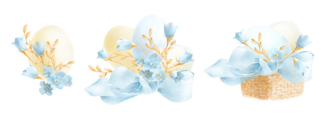 set of Easter illustrations from eggs, bluebell flowers, forget-me-nots, field herbs, decorated with bows.