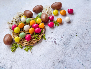 Chocolate Easter Eggs ,Rabbit and Colorful Easter Candy  .Easter Greeting Card