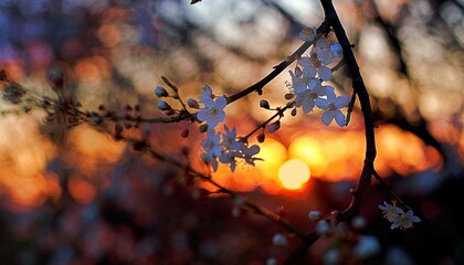 Zachód słońca w sadzie pełnym jabłoni w wiosenny dzień - obrazy, fototapety, plakaty