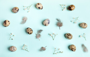 Easter arrangement of quail eggs, feathers, white gypsophila flowers on light blue backdrop.