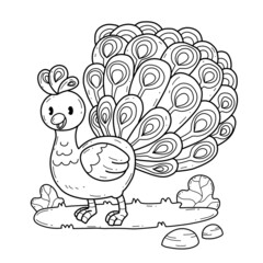 animals coloring book alphabet. Isolated on white background. Vector cartoon peacock.