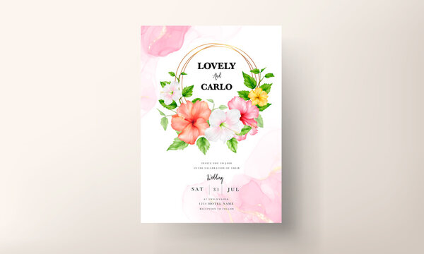beautiful watercolor hibiscus flower wedding invitation card 