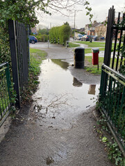 Flooded pathways after the heavy rain in London, Barnet in United Kingdom