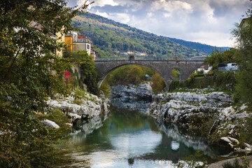 Bridge in town Kanal ob Soci, Slovenia - obrazy, fototapety, plakaty