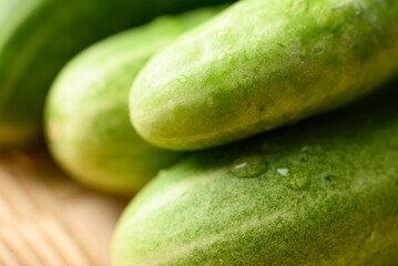 Close up of fresh cucumber in basket, Organic vegetables