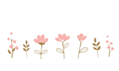 Set of pink flower and green leaves isolated on white background vector illustration.