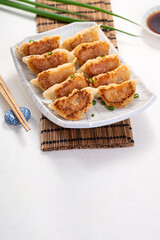 Pan-fried gyoza dumpling jiaozi in a plate with soy sauce on white table background.