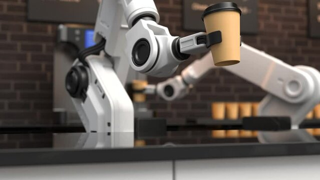 Automatic coffee machine by the robot, Robotic arm serving coffee