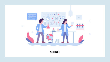 Scientists man and woman doing research in lab. Chemical laboratory interior, equpment, flask. Vector web site design template. Landing page website concept illustration