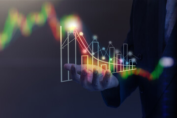 Businessmen  hands. Stock market, Business growth, progress or success concept. Businessman or trader is showing a growing virtual hologram stock, invest in trading