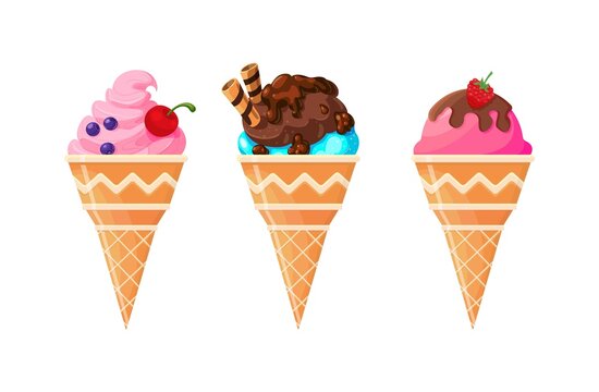 Delicious colorful ice cream set. A collection of ice cream with different fillings isolated on a white background. Vector illustration for web design or printing.