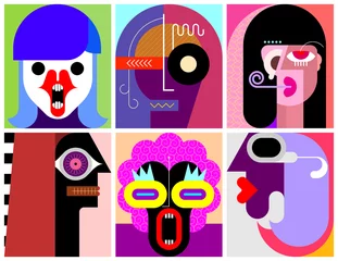 Zelfklevend Fotobehang Zes portretten moderne kunst gelaagde vectorillustratie. Samenstelling van zes verschillende abstracte beelden van menselijk gezicht. ©  danjazzia