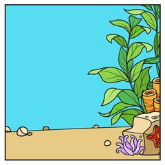 Obraz premium Underwater world simple square background with the sponges, corals, and algae color variation for coloring page