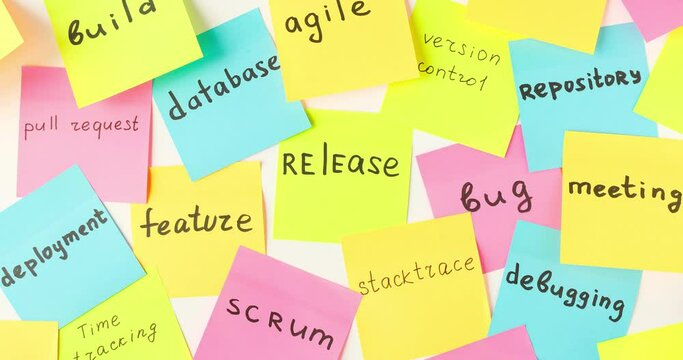 Multi-colored stickers with terms from the IT field. Looped 4K stop motion animation