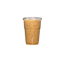 iced coffee espresso or iced latte in clear plastic glass isolated white background