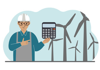 Technician engineer man, energy wind farm. The concept of clean alternative energy. Environmental protection, ecology protection.