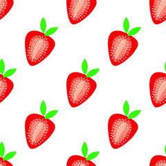 Half sliced red strawberry fruit isolated on white background is in Seamless pattern - vector illustration