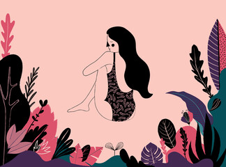Obraz na płótnie Canvas Illustration of a girl sitting in a swimsuit and there are many beautiful plants around her