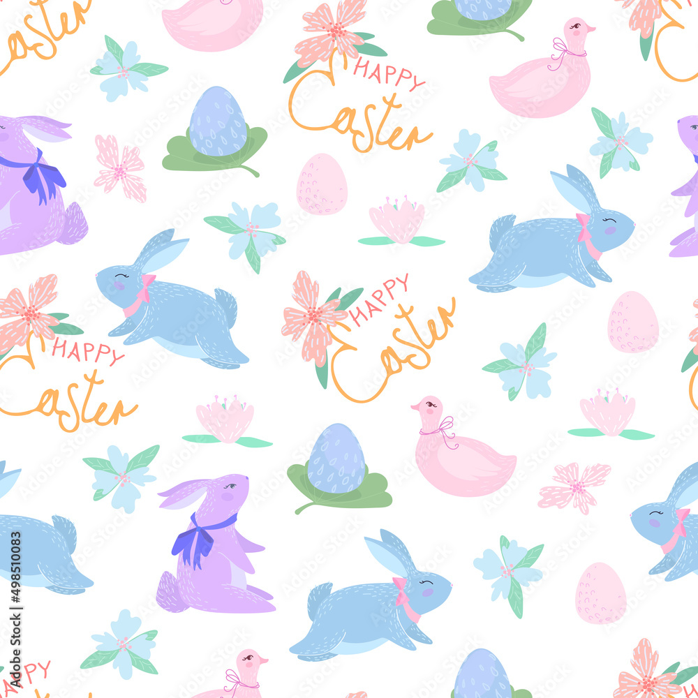 Aufkleber seamless pattern with different easter eggs and rabbit.