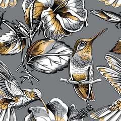 Seamless pattern with image gold Hummingbird and Hibiscus flowers on a dark gray background. Vector illustration.