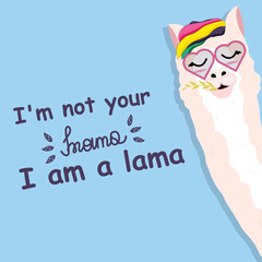 Funny llama with bright and colorful hair. Vector stock illustration. Blue background. Sweet inscription. isolated. exotic animal