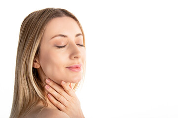 Fototapeta premium Beautiful woman shoulder cropped portrait with copy space.