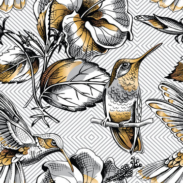 Seamless pattern with image gold Hummingbird and Hibiscus flowers on a gray geometric background. Vector illustration.