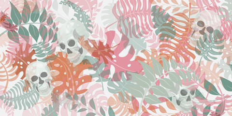 Background with exotic jungle plants and human skulls. Tropical palm leaves and flowers. Illustration for Mexican holiday Day of the Dead, Dia de los Muertos, multicolored on white