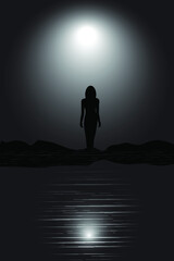A woman stands in the moonlight before a reflecting pool.