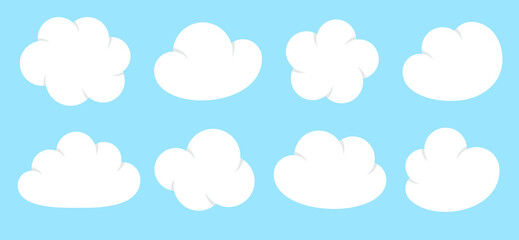 Set of white cartoon clouds on a blue background. Vector illustration