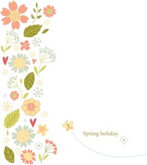 Greeting card with flowers and green grass on white background.