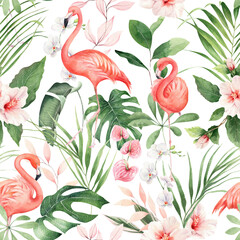 Watercolor flower pattern illustration with flamingo. White background. Trendy floral design. Seamless texture. Leaves and floral illustration. Beautiful tropical exotic foliage